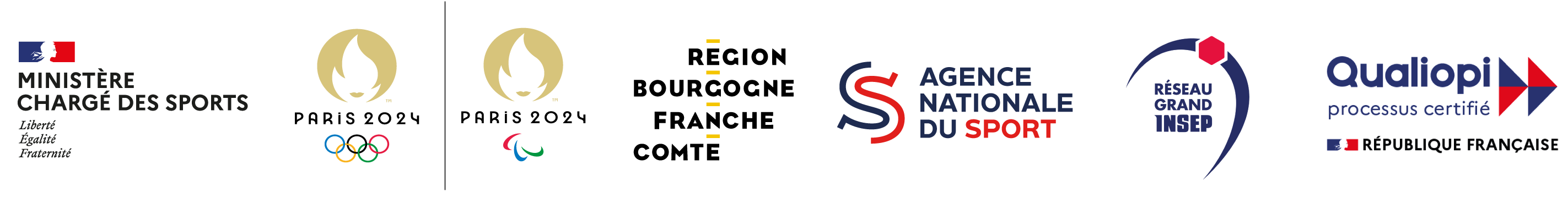 logos des partenaires du Creps Bourgogne Franche-Comté - Ministère - Jeux Olympiques 2024 de Paris - Agence Nationale du Sport - Qualiopi