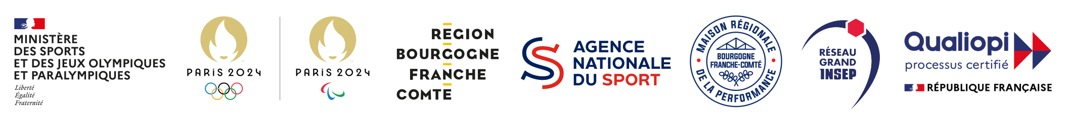 logos des partenaires du Creps Bourgogne Franche-Comté - Ministère - Jeux Olympiques 2024 de Paris - Agence Nationale du Sport - Qualiopi - MRP